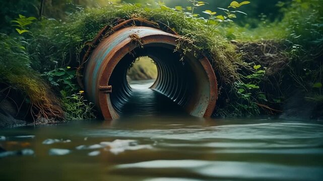 Stream entering a weathered corrugated metal culvert pipe in a lush natural setting