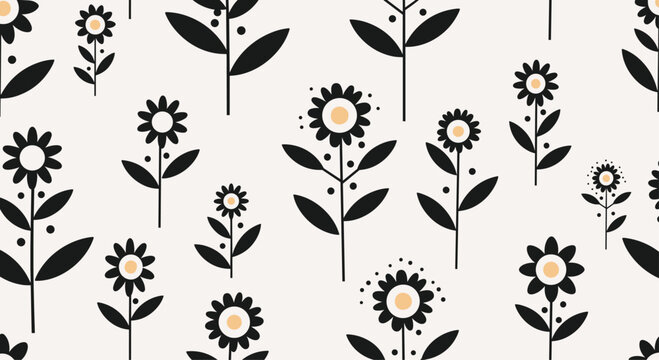 Fototapeta Simple and elegant seamless botanical pattern featuring stylized black flowers with yellow centers on a light neutral background.