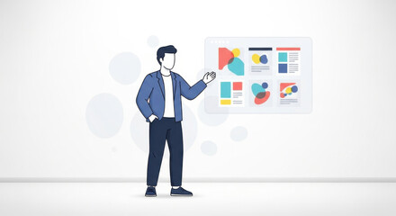 Man in Blue Jacket Presenting Data Dashboard in Modern White Room