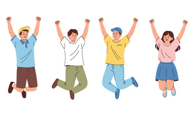 Obraz premium Cartoon kids jumping in celebration, joyful group of diverse children expressing happiness, unity, and excitement on white background illustration