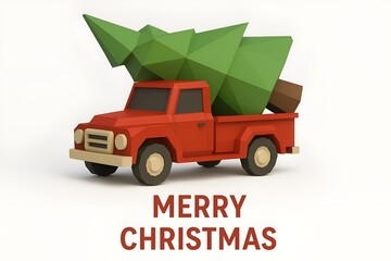 Red Truck Carrying Christmas Tree Minimal 3D Illustration