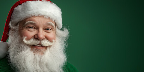 Smiling Santa Claus Portrait with White Beard and Red Hat on Green Background