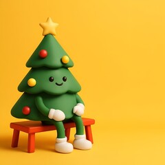Cute 3D Christmas Tree Character on Yellow Background
