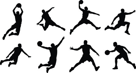 Basketball Player Silhouettes Set in Dynamic Action Poses. Basketball Action Silhouettes Isolated on White Background.