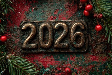 number 2026 on Christmas festive background with fir branch tree
