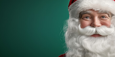 Happy Santa Claus close-up with white beard and hat on green background