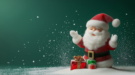 Cute Santa Claus Figure with Christmas Gifts and Falling Snow