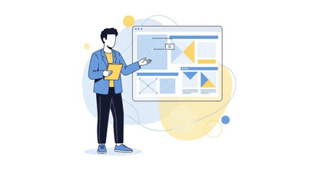 Young Man Presenting a Website Wireframe in a Modern Studio