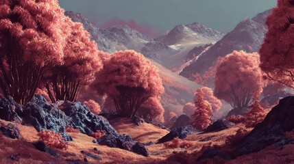 A vibrant, dreamlike landscape with pink trees, rocky formations, rolling hills, and a distant mountain range under a moody sky