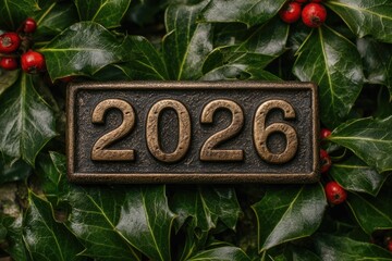 2026 new year sign resting on leaves with red berries