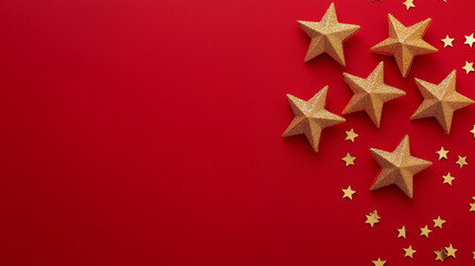 Golden Glitter Stars on Red Background for Festive Holiday Celebration