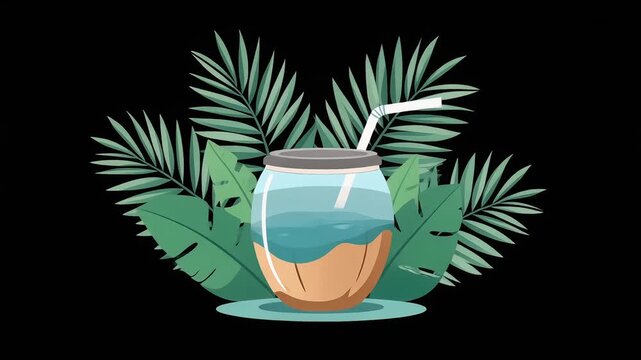 Vector coconut water cup with smooth layer transitions and palm leaves folding out. Tropical motion graphics for vacation or health drinks.