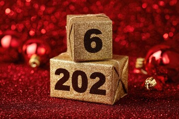 Christmas balls with number 2026 surrounded by red festive background
