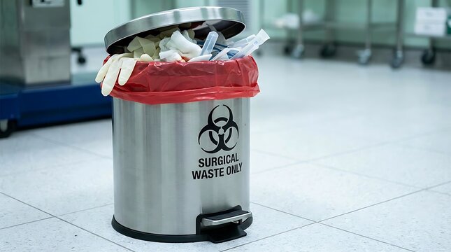 A stainless steel medical waste bin prominently displays the biohazard symbol, underscoring the vital importance of sterile medical waste disposal.