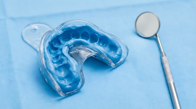 A dental impression, a clear mouthpiece, and a reflective mirror sit atop a serene blue backdrop, illustrating modern dental procedures. 