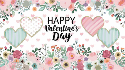 Happy valentine's day greeting card with floral border and heart decorations on white background