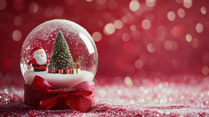 Christmas Snow Globe with Santa and Tree on Red Bokeh Background