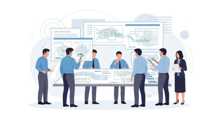 Fototapeta premium Team of Engineers Reviewing Blueprints in Modern Design Studio