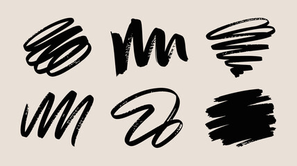 Handwritten Brush Strokes Set, Black Ink on Beige Background
