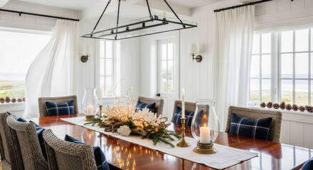 Bright Coastal Dining Room with Large Wooden Table Decorated with Floral Arrangement and Candlelight