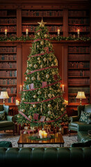 Festive Christmas tree adorned with gold ornaments in a cozy, traditional library setting, evoking warmth and holiday cheer.