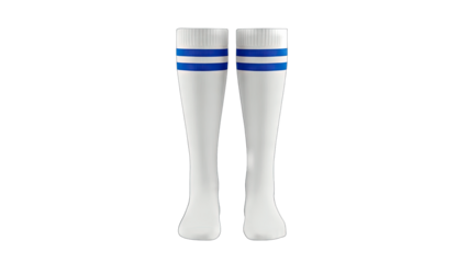 Pair of White Knee Socks with Blue Stripes on White Background