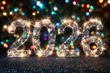 Fireworks exploding behind 2026 sign celebrating new year