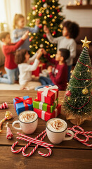 Happy family decorating Christmas tree with gifts, hot cocoa and candy canes on wooden table, festive holiday scene