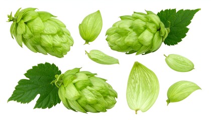 Vivid macro shot features fresh green hop cones, leaves, and bracts, isolated on white