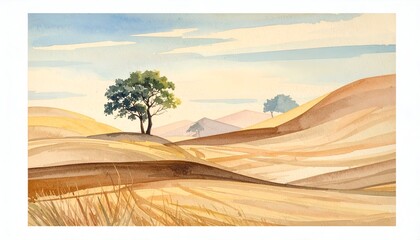 Watercolor depiction of a rolling, arid landscape with trees under a blue sky