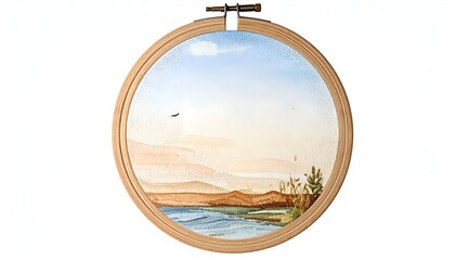 Watercolor landscape painting inside a wooden embroidery hoop. Sky, water, hills, and greenery