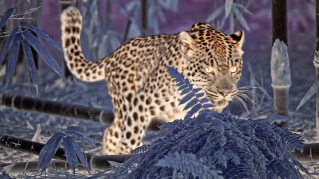A majestic leopard with glowing eyes prowls through a dark, mystical bamboo forest at night