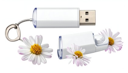 White USB drive with daisy flowers arranged in a creative and elegant display