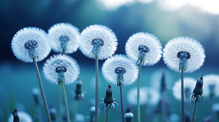 Obraz premium Closeup of fluffy white dandelion seed heads in a soft bluegreen field