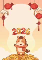 Cute Cartoon Horse Celebrating Chinese New Year 2026 with Lanterns and Gold Ingots.