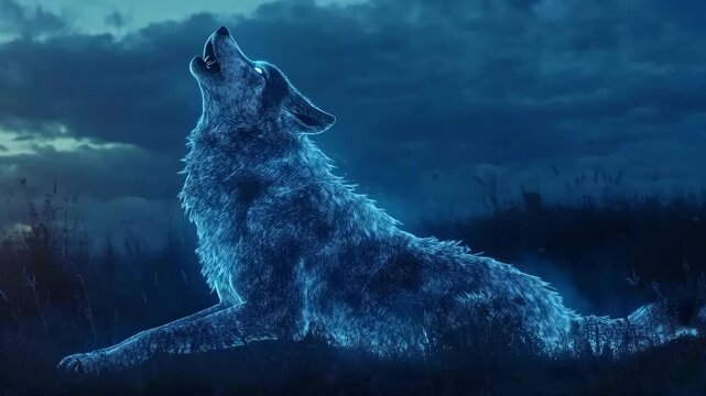 Massive glowing wolf howling into the night under a starry sky, surrounded by trees and foliage