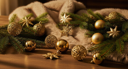 Festive Christmas decorations with golden ornaments, pine branches, and soft faux fur on a rustic wooden table.