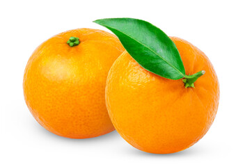 Two ripe tangerine fruits. Organic mandarins fruit isolated. Clementine orange citrus fruit with green leaf isolated.