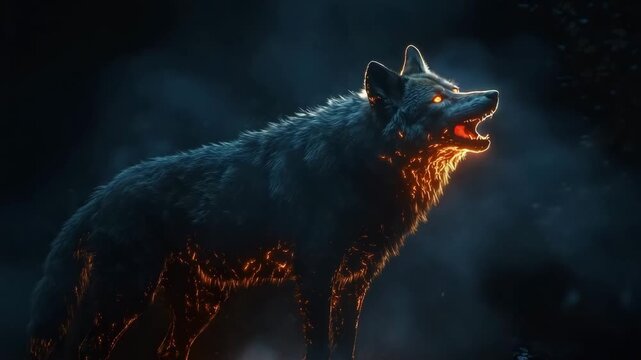 Massive glowing wolf howling into the night under a starry sky, surrounded by trees and foliage