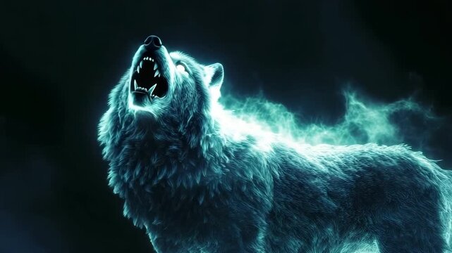 Massive glowing wolf howling into the night under a starry sky, surrounded by trees and foliage