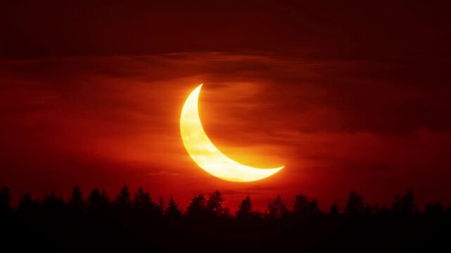 Epic crescent sun solar eclipse at sunset near horizon with forest silhouette, cinematic astronomical phenomenon showing dramatic sky colors, nature science event background for documentaries, educati