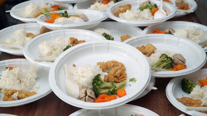 The food was served on many plastic plates. The menu included rice, broccoli, carrots, crispy mushrooms, and meatball