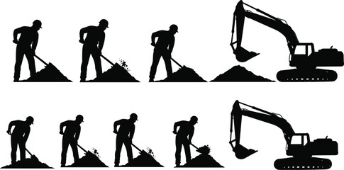 Construction workers digging dirt with shovels and heavy excavator machine silhouette vector set, civil engineering industrial equipment for building site © Bablu