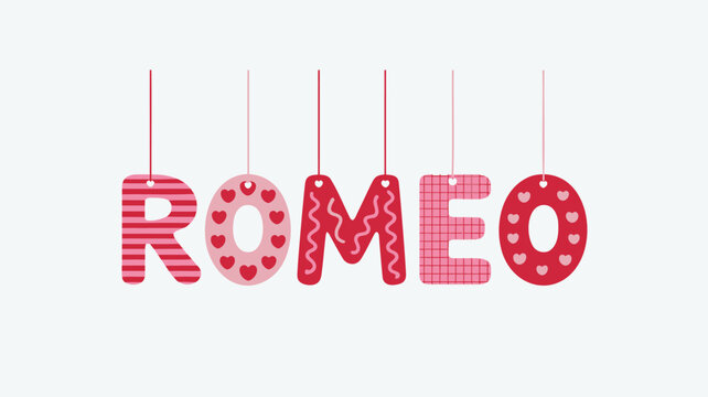 The word romeo in cheerful hanging letters decorated with hearts and patterns