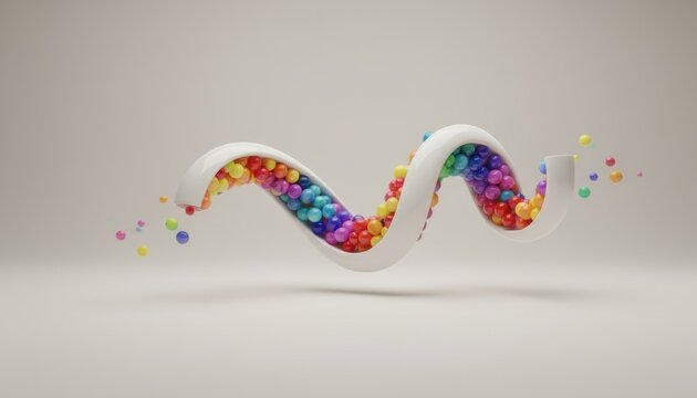 White swirling abstract pipe filled with and dispensing many colorful, glossy balls against a simple soft white pale background