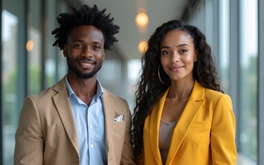 Two confident young African businesspeople standing in a modern. High quality