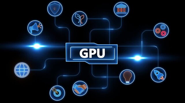 Central GPU processor with connected icons representing technology and business concepts on a dark background