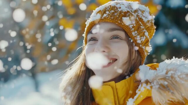 A woman enjoying a fresh snowfall with a radiant smile on her face. She is bundled up against the cold in a warm yellow coat and a matching beanie hat.