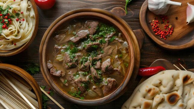 Deliciously spiced beef curry in a bowl, served with naan bread, accompanied by side dishes of vegetables.