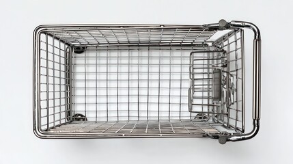 Overhead view of a metal mesh basket on a white background.